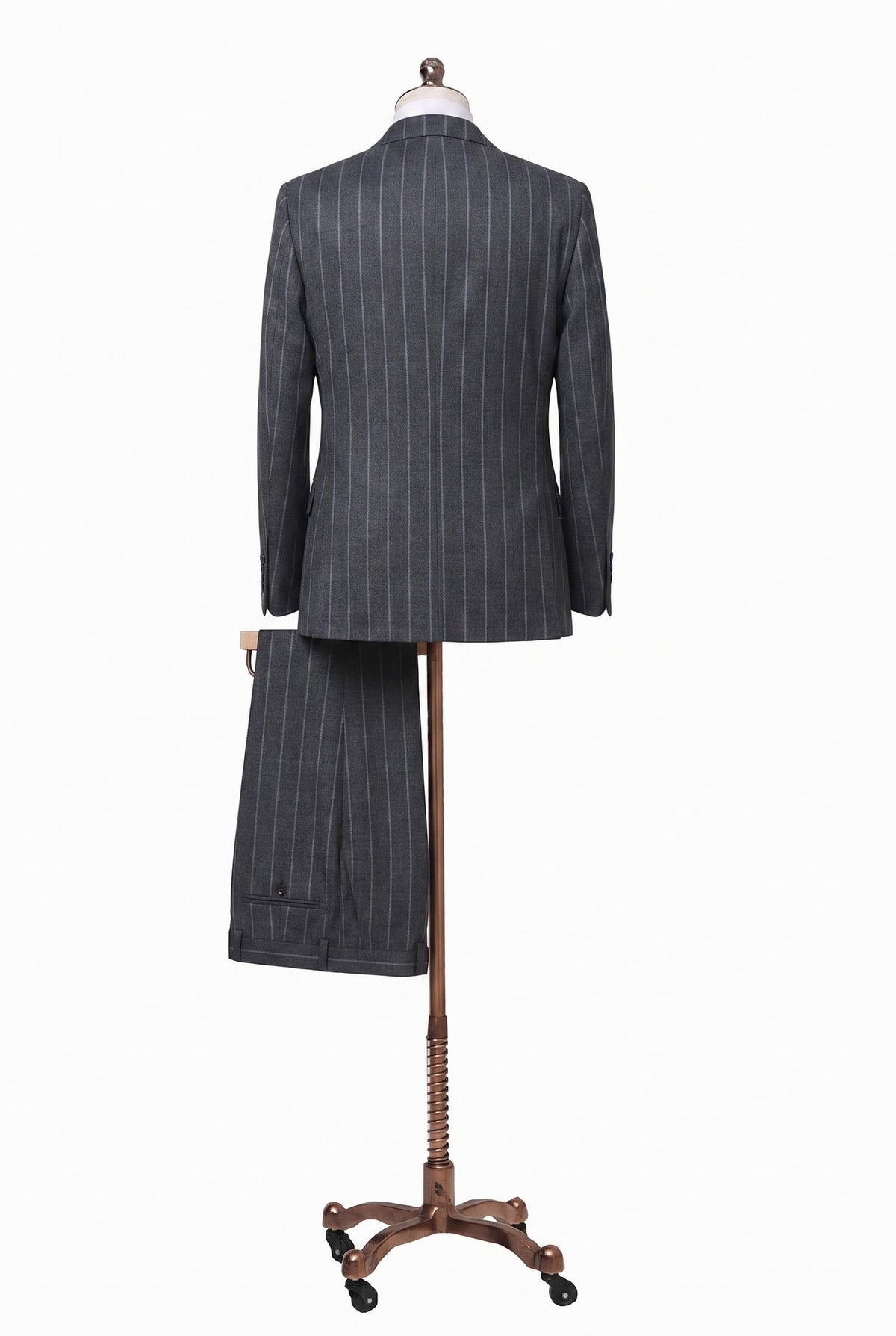 The Double-Breasted Suit in grey chalk stripe wool (DBV6492), back#Cloth_Grey Chalk Stripe