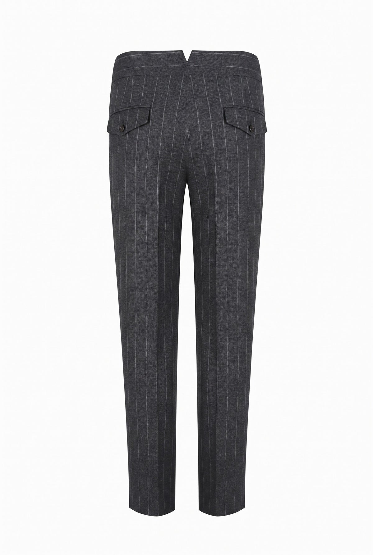 The Double-Breasted Suit in grey chalk stripe wool (DBV6492), trousers back#Cloth_Grey Chalk Stripe