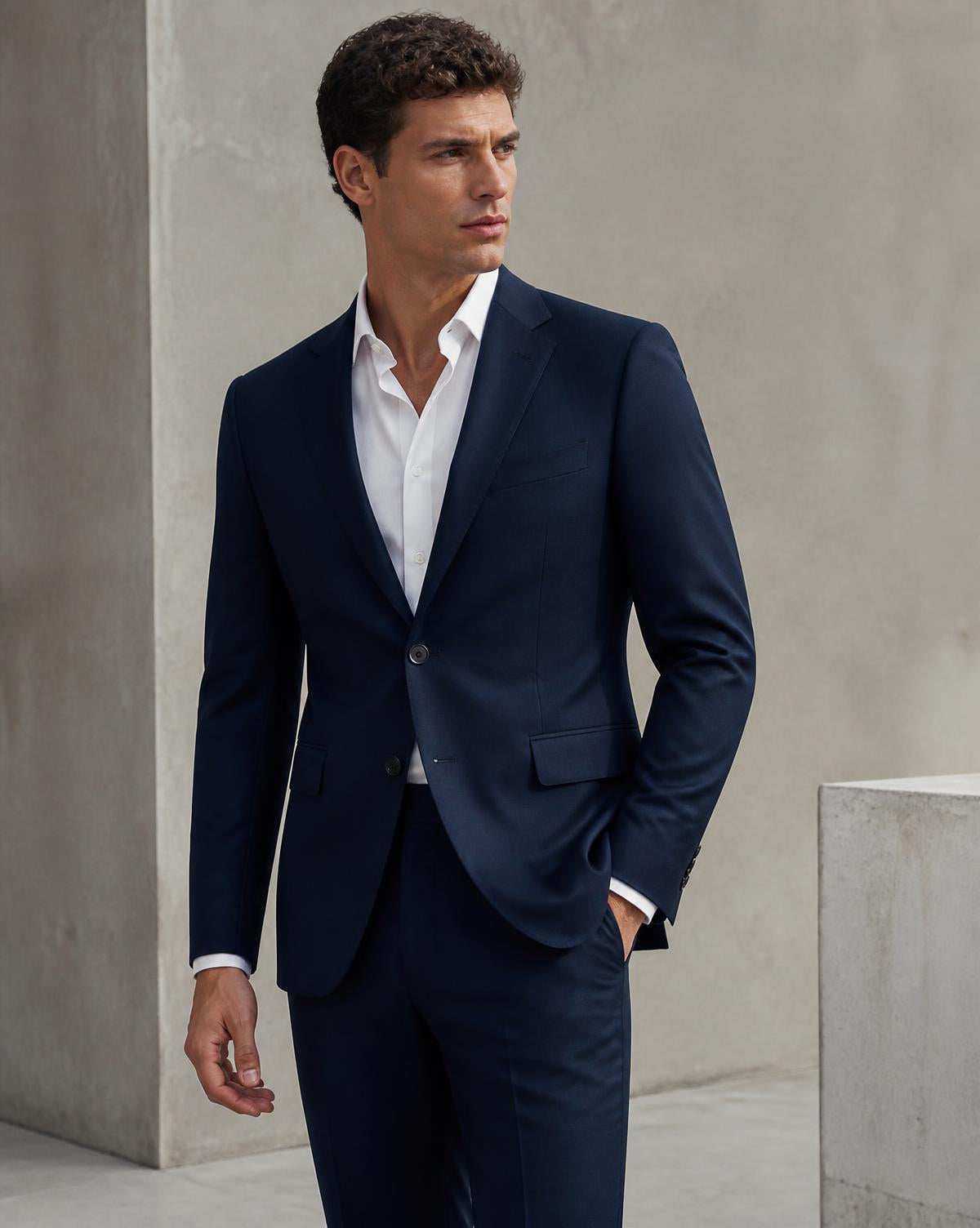 Model wearing the navy tailored suit